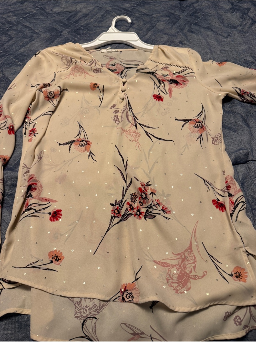 Maurices Beige Floral Long-Sleeve Blouse with Subtle Sparkle